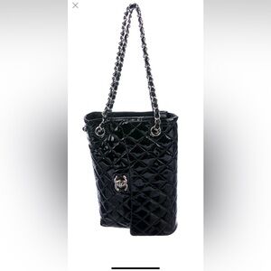 Patent Upside Down Flap Bag Black.